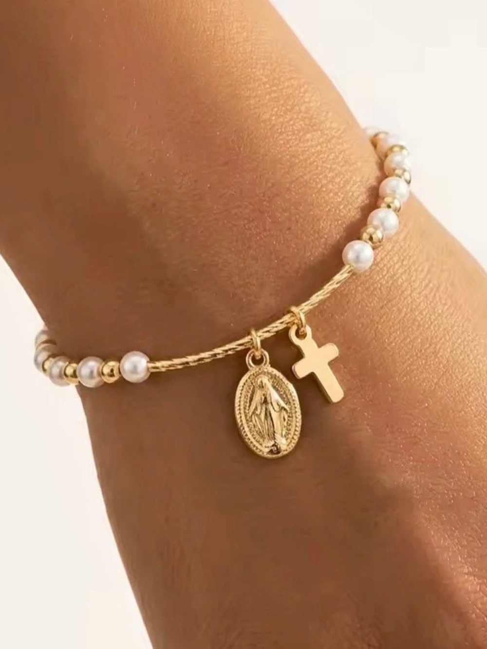 New Gold-Tone Pearl Cross Charm Bracelet